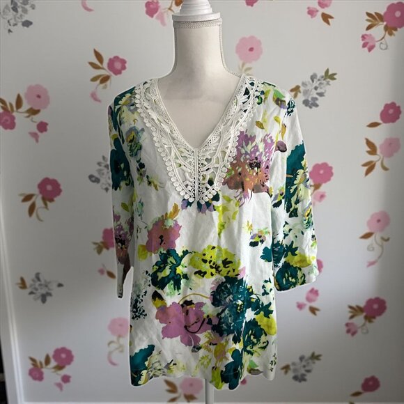 PREMISE Floral Linen Blend Tunic Top Size Small - Picture 1 of 5